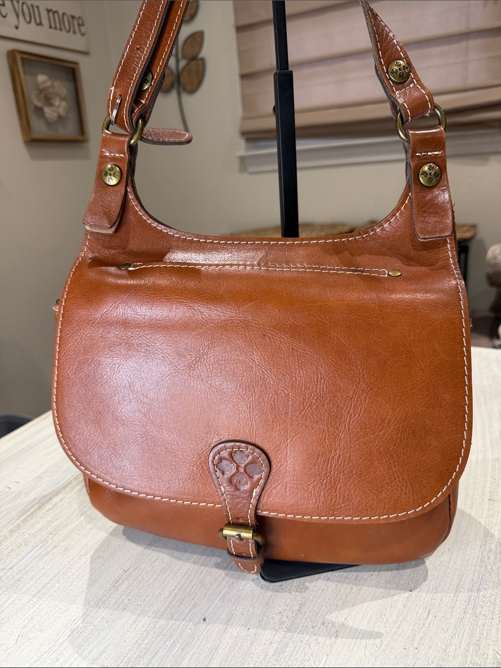 Vintage Patricia Nash Cognac Leather Saddle Bag with Buckle Detail - Picture 1 of 14